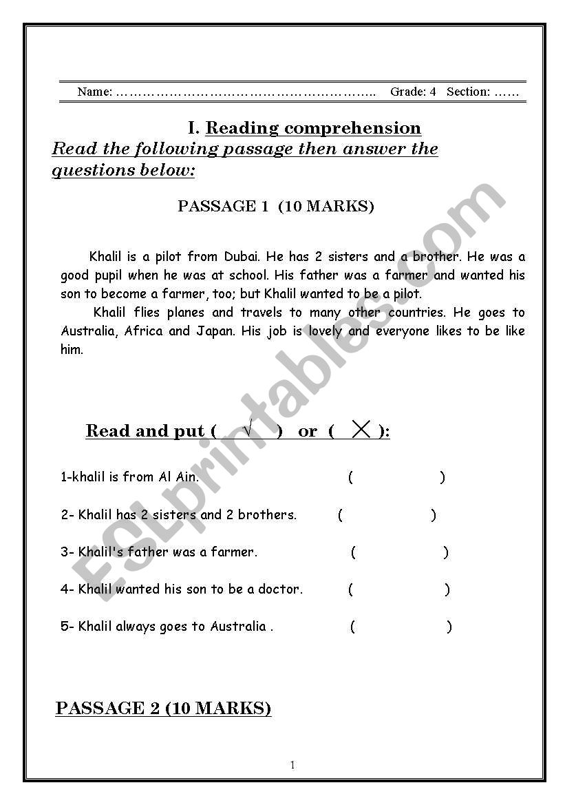 exam for grade4 worksheet