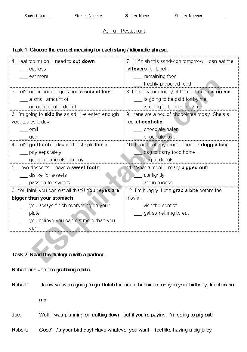 restaurant worksheet