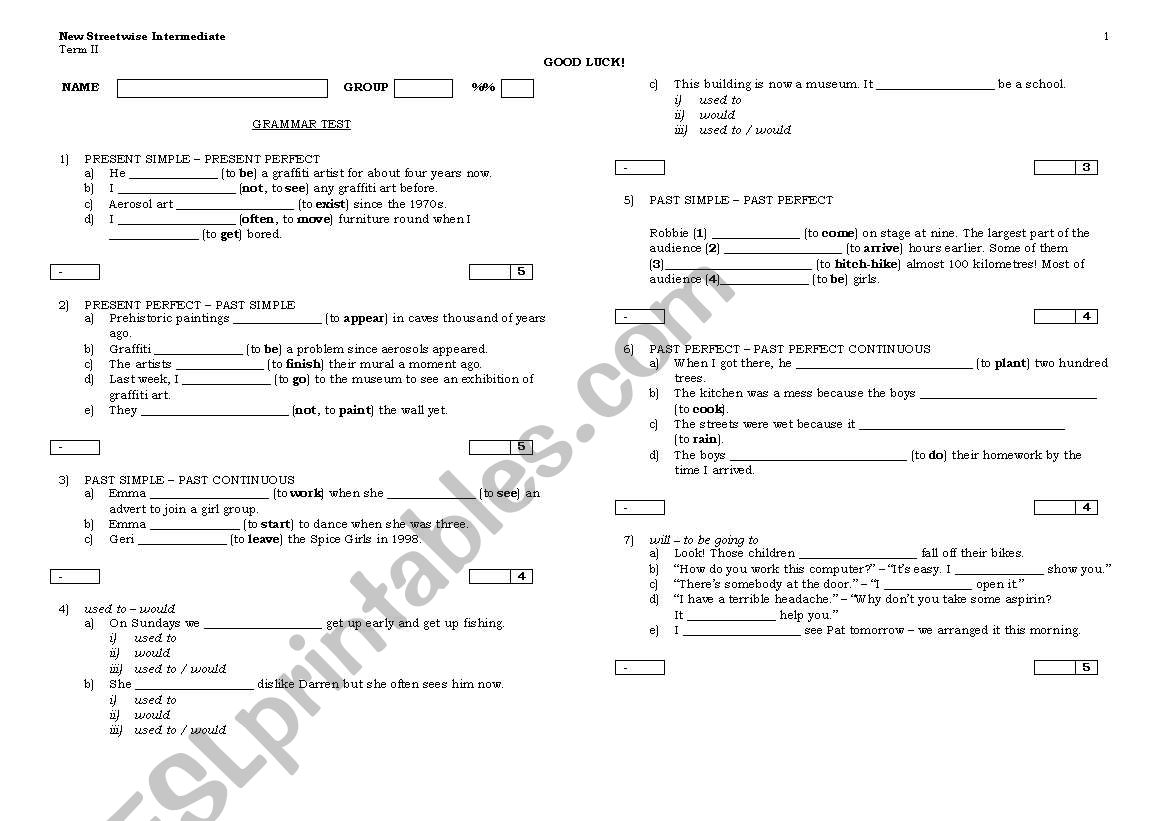 Intermediate Grammar Test worksheet