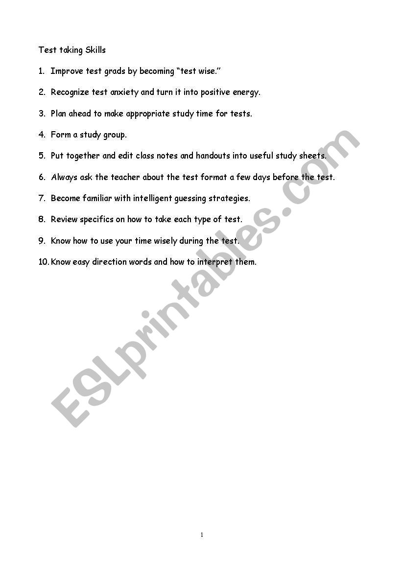 Test taking skills worksheet