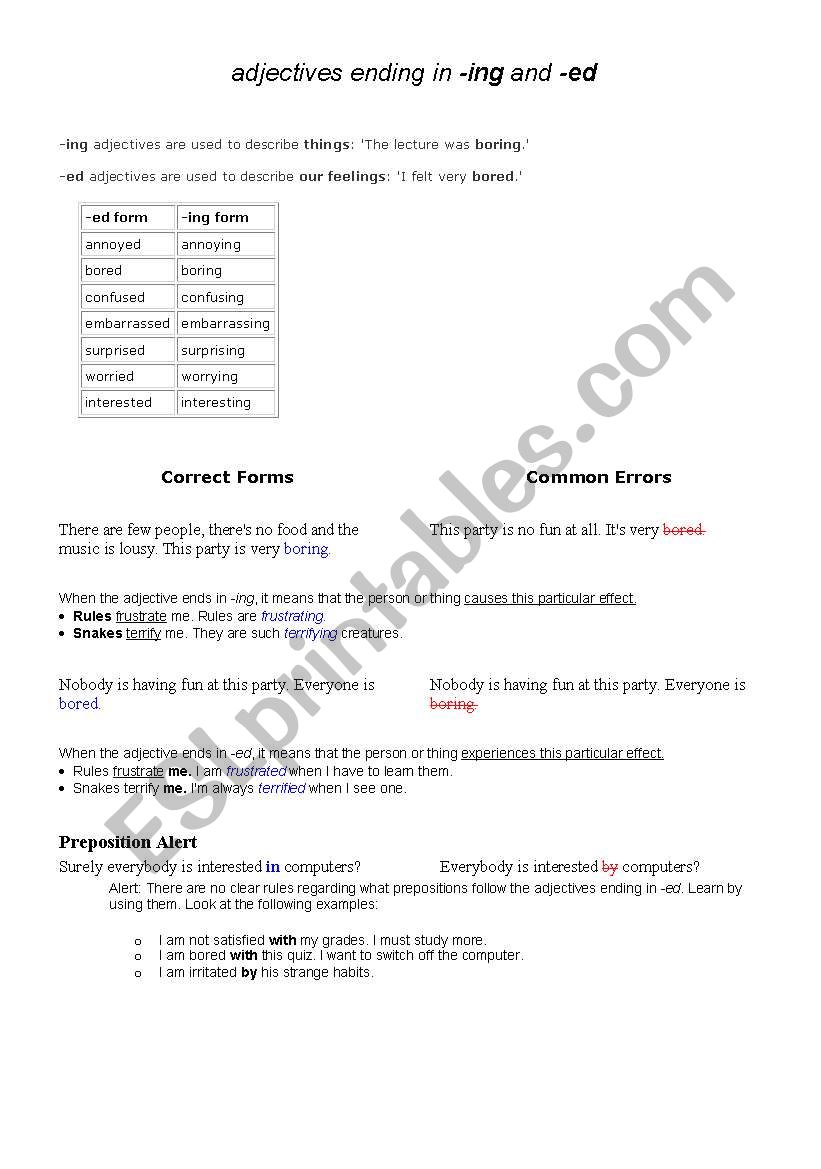 -ed and -ing adjectives worksheet