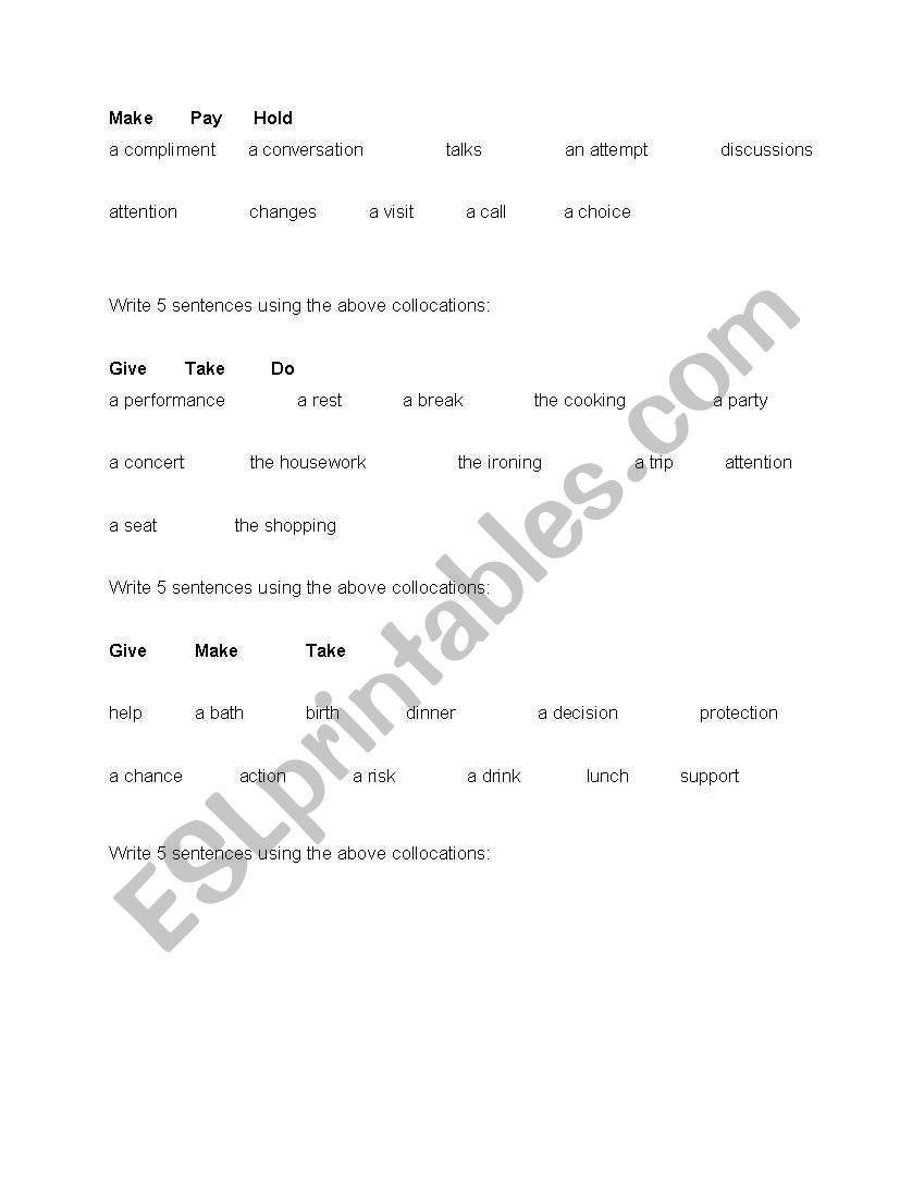 verb - noun collocations worksheet