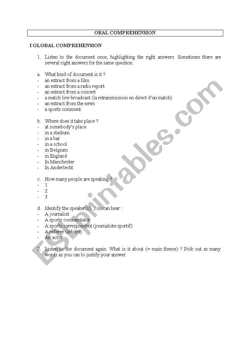 Oral comprehension worksheet