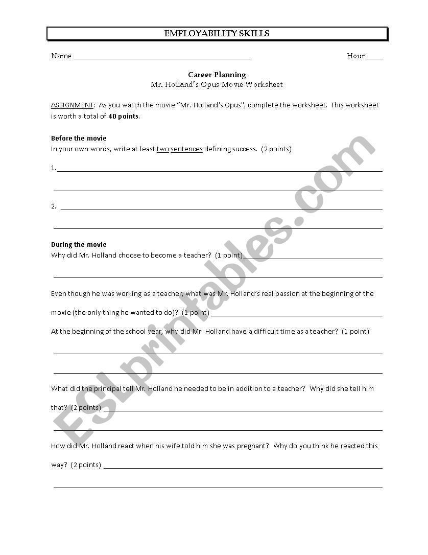 Mr. Hollands Opus Worksheet worksheet