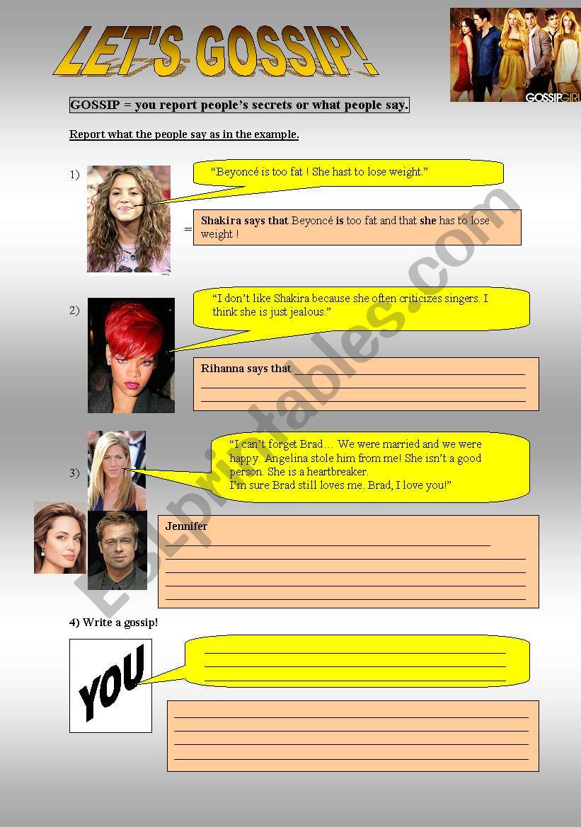 Lets gossip: reported speech worksheet