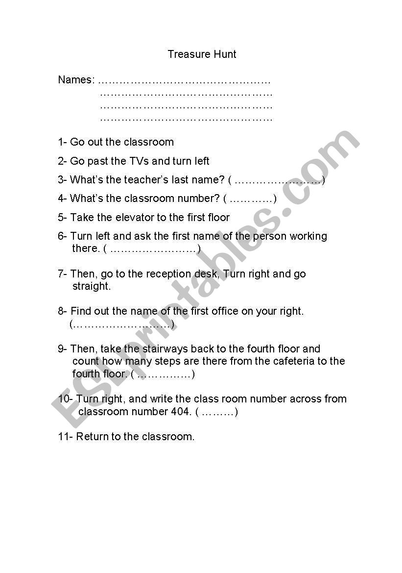 treasure hunt for dirrections worksheet