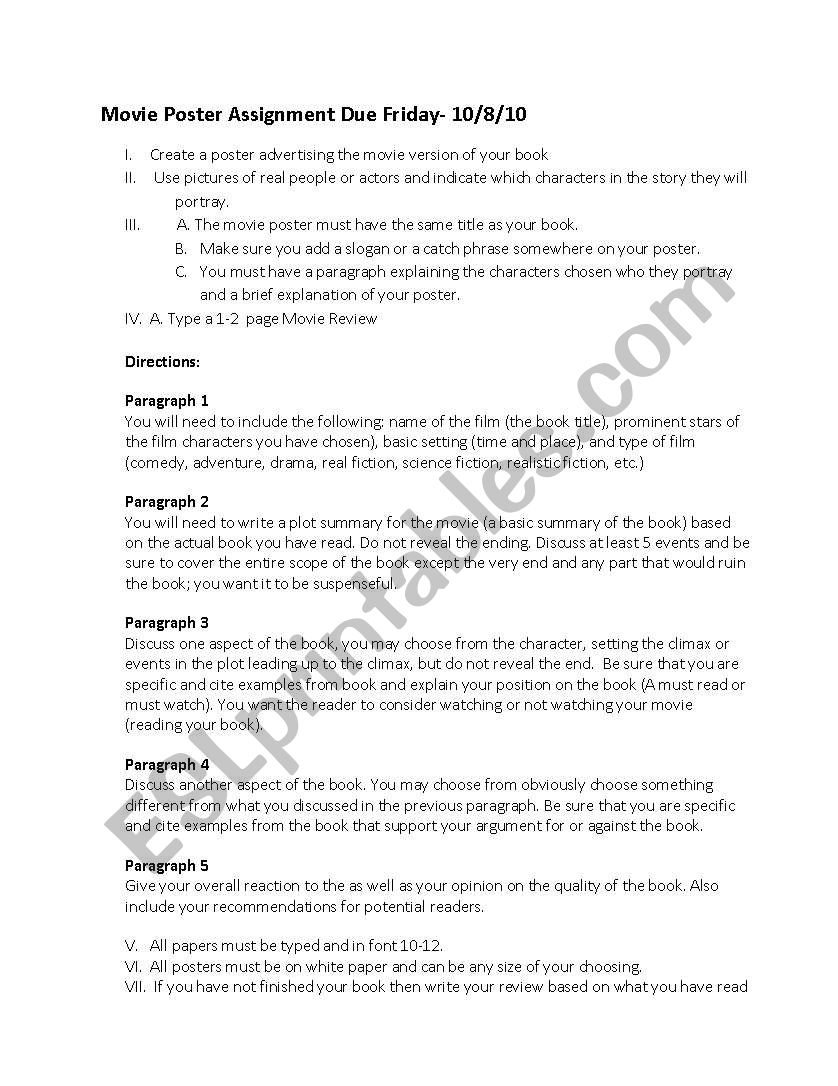 Movie poster book report worksheet