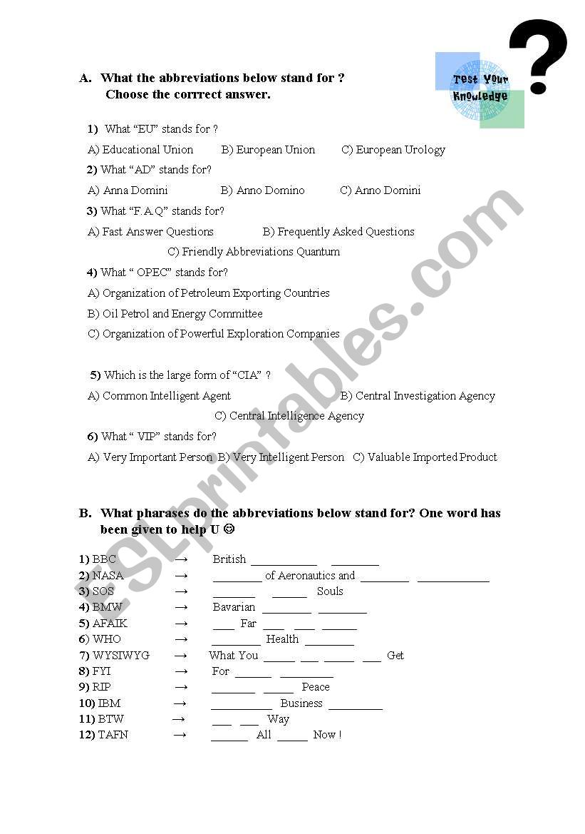 Abbreviations worksheet