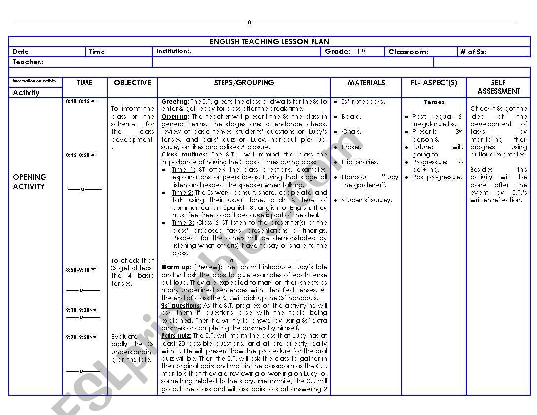 11 grade lesson plan worksheet