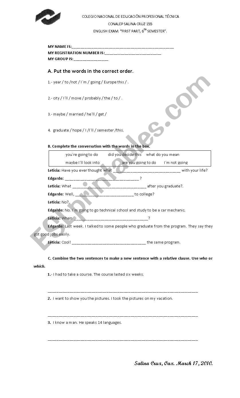 EXAM FOR CONALEP  worksheet