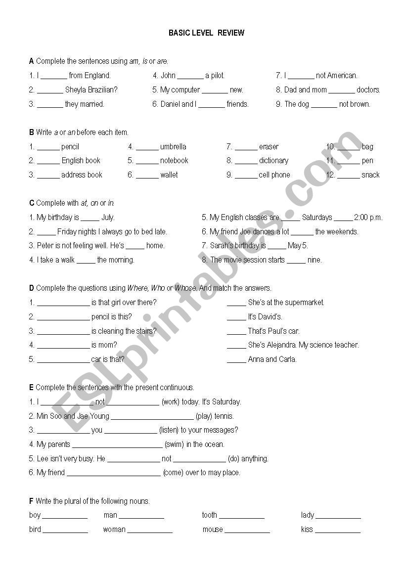 Review Basic Level worksheet