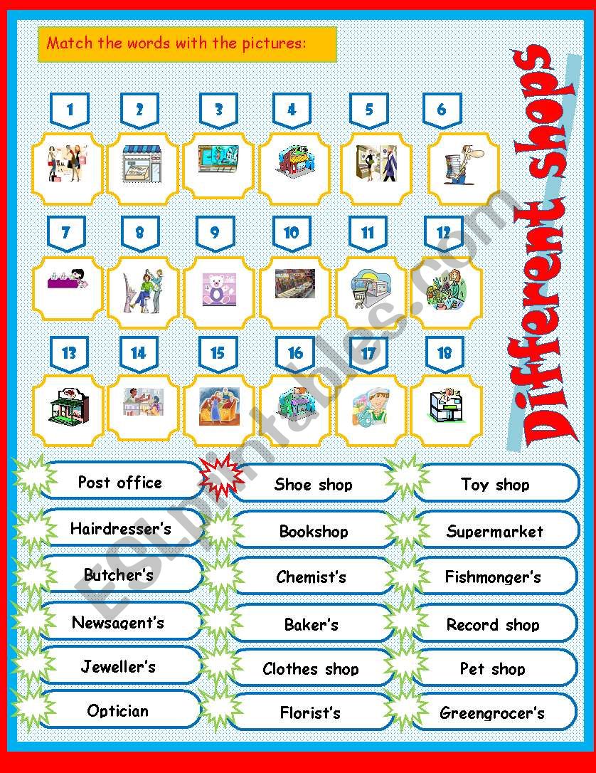 Different shops  worksheet