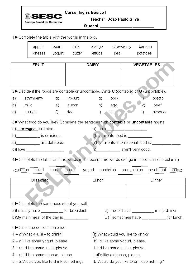 Foods worksheet