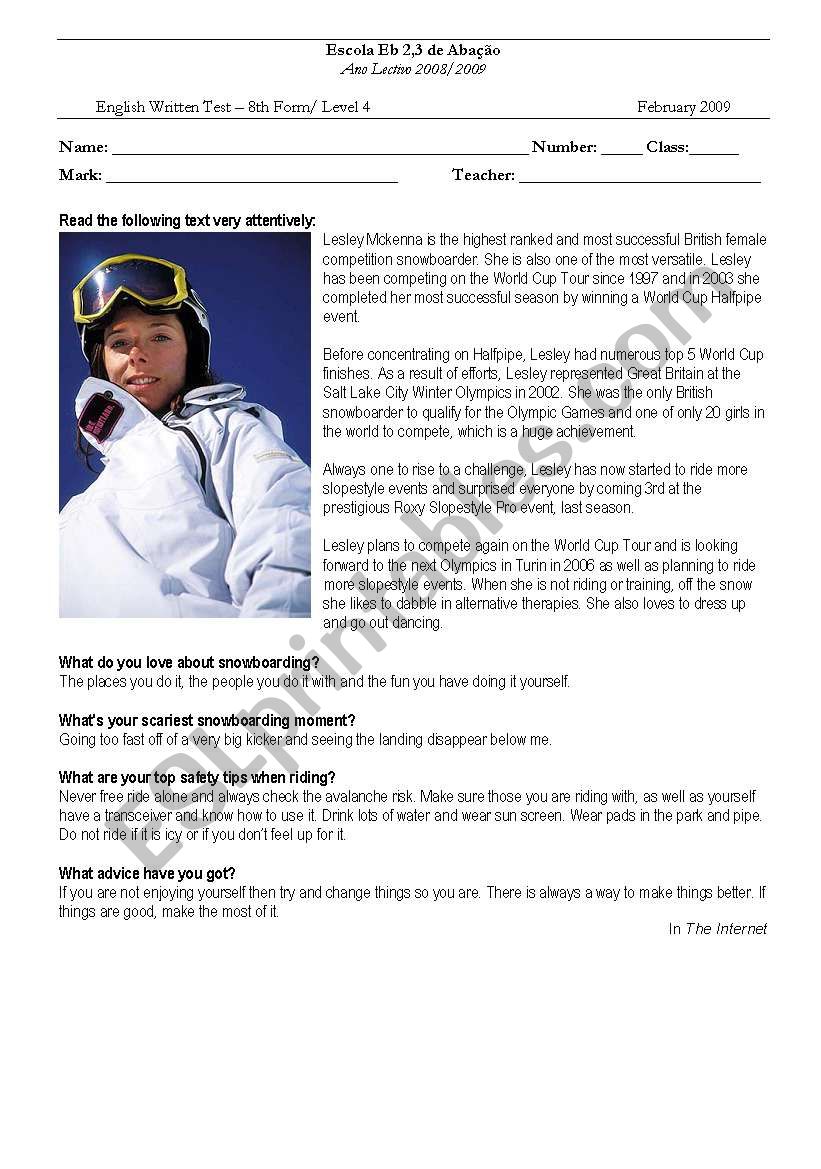 test about sports worksheet