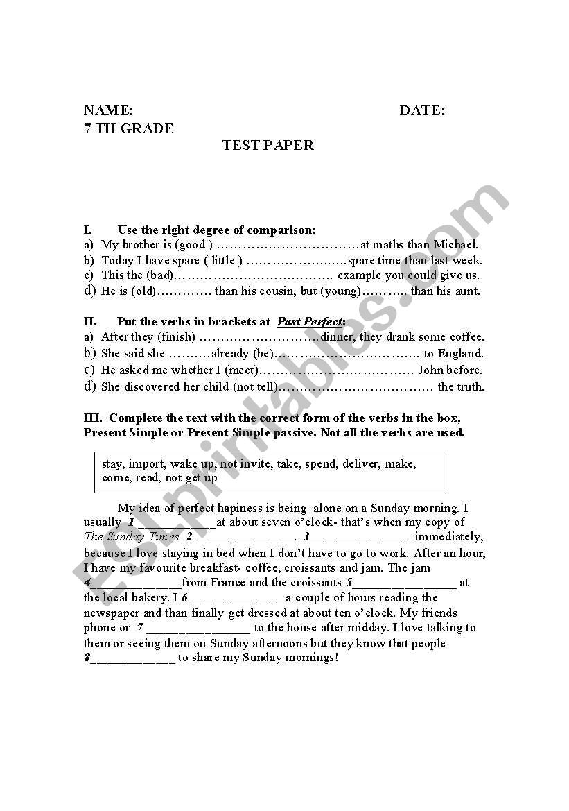 Test paper worksheet