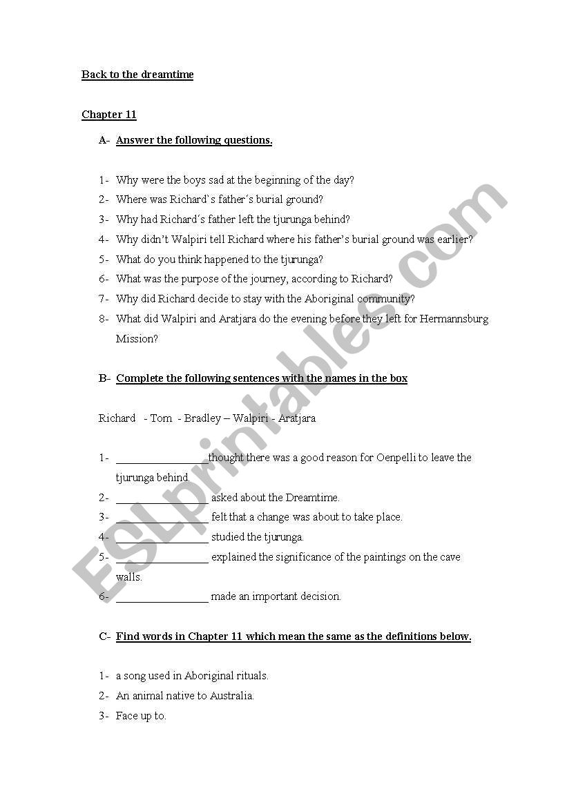 Back to the dreamtime worksheet