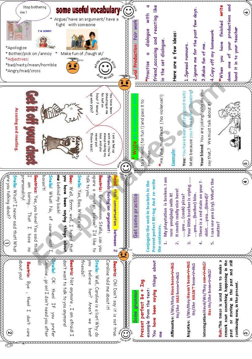 Get it off your chest ( Practice of Present perfect Be+V+ing)+vocabulary .Reading comp/ grammar practice+oral and written production.