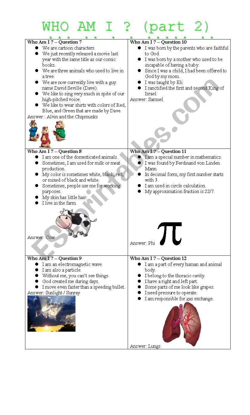 Game Card Who Am I ? (Part 2) worksheet