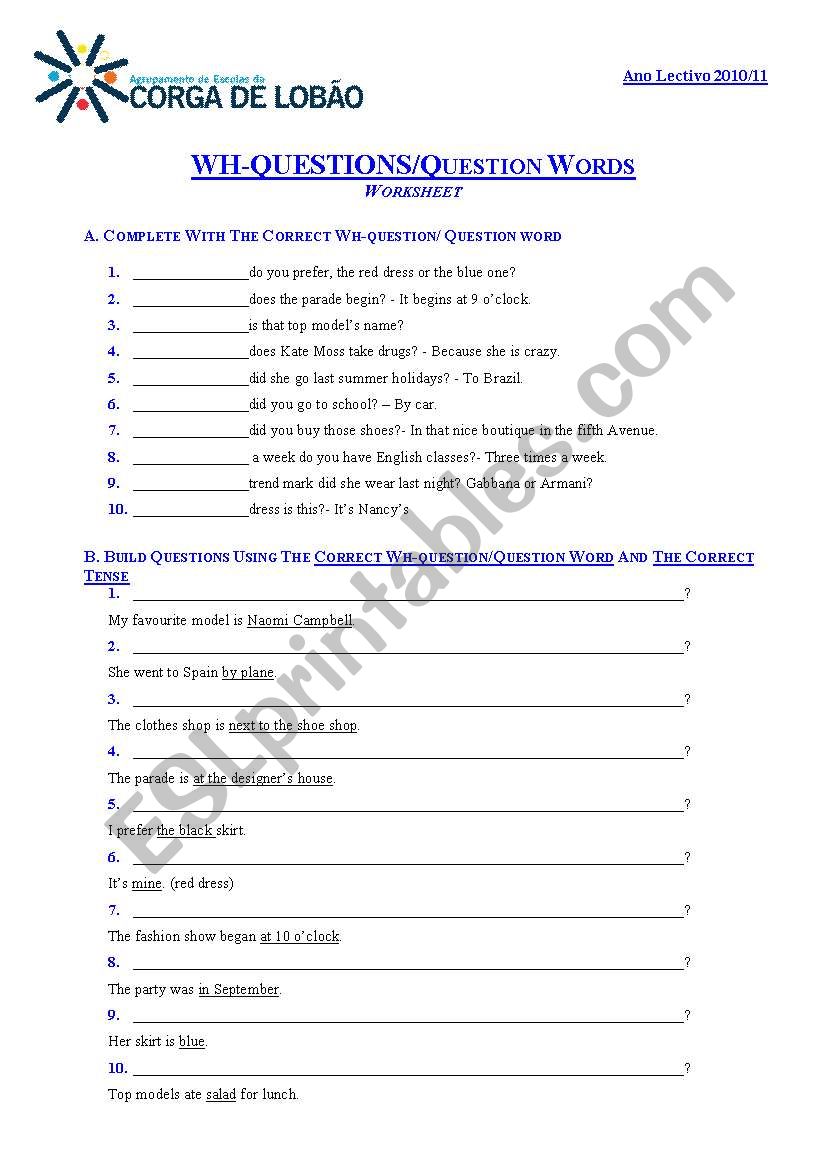 wh questions/Question words worksheet