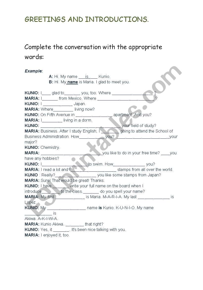 Greetings and Introductions worksheet