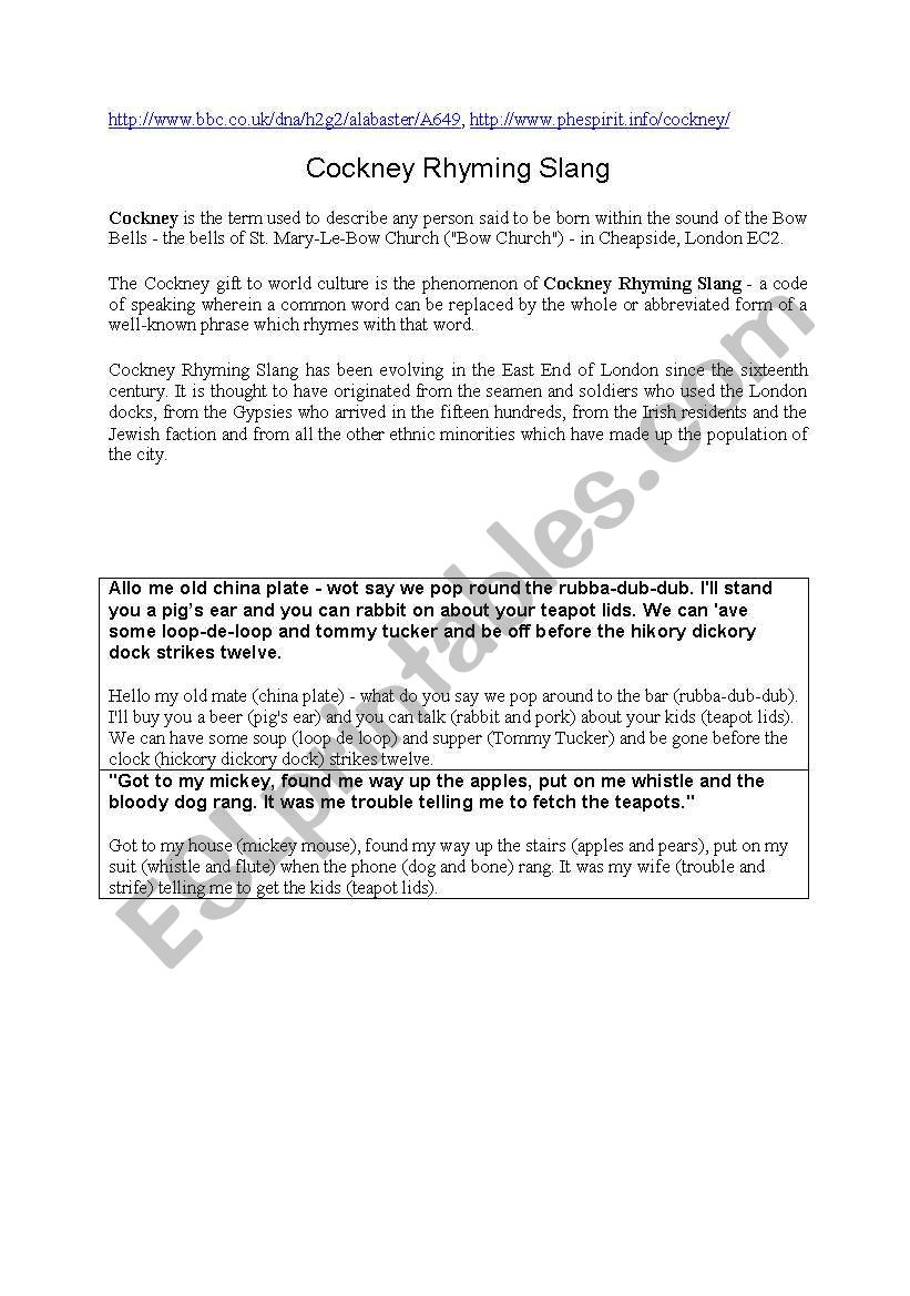 Cockney Rhyming Slang worksheet