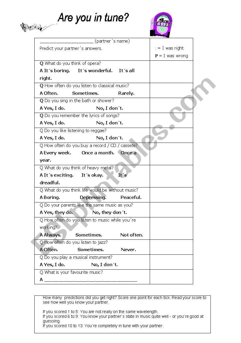 ARE YOU IN TUNE? worksheet