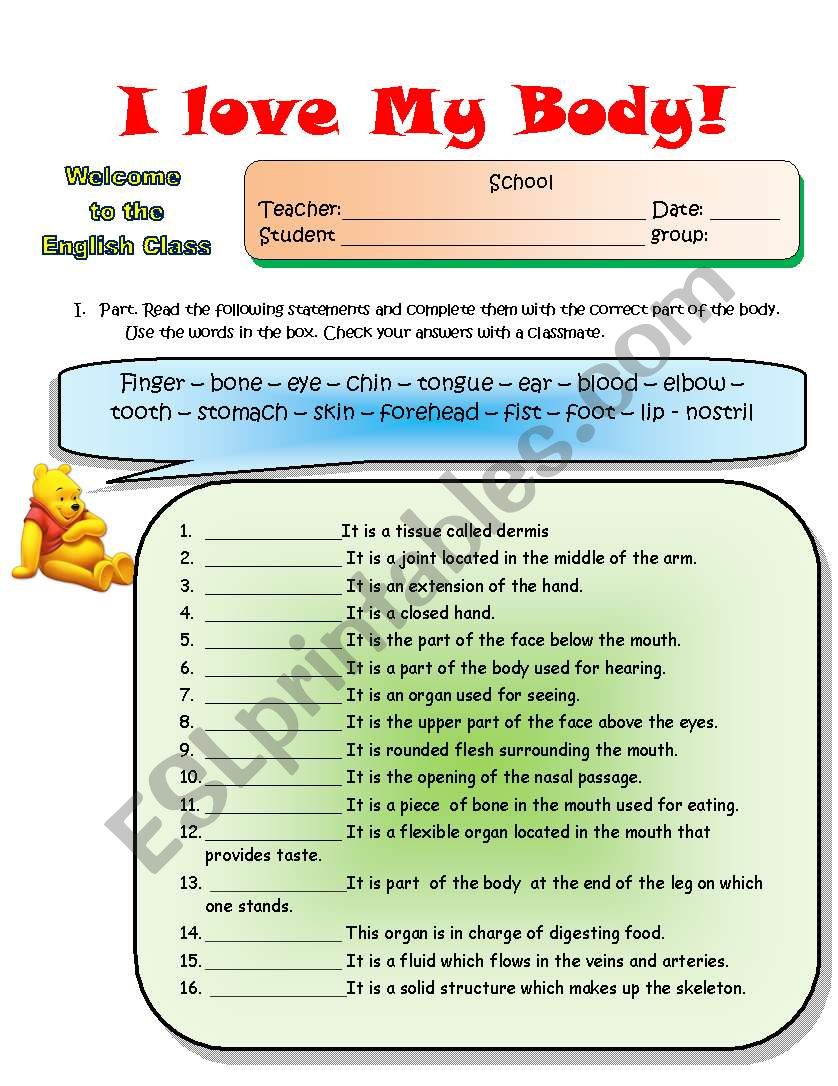 I love my body ( B&W and answer key included) - ESL worksheet by tiempos85