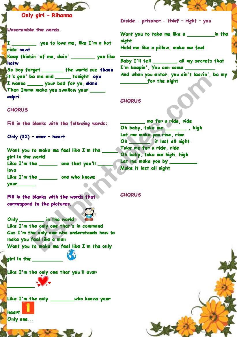 Working with vocabulary : Song (filling in) : Only girl (Rihanna) - with B&W copy and answer key