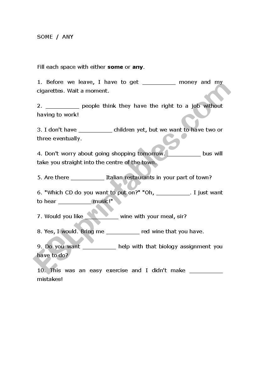 some and any  worksheet