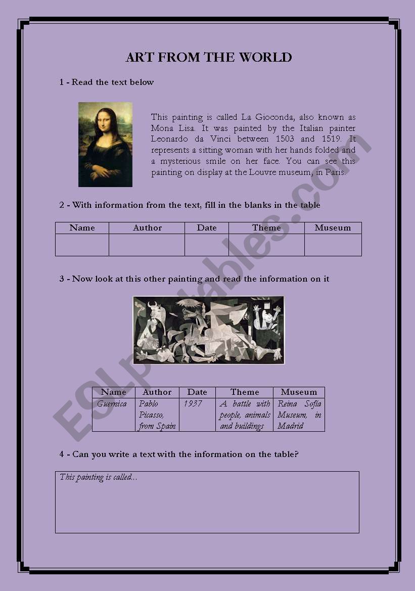 Art Info Transfer worksheet