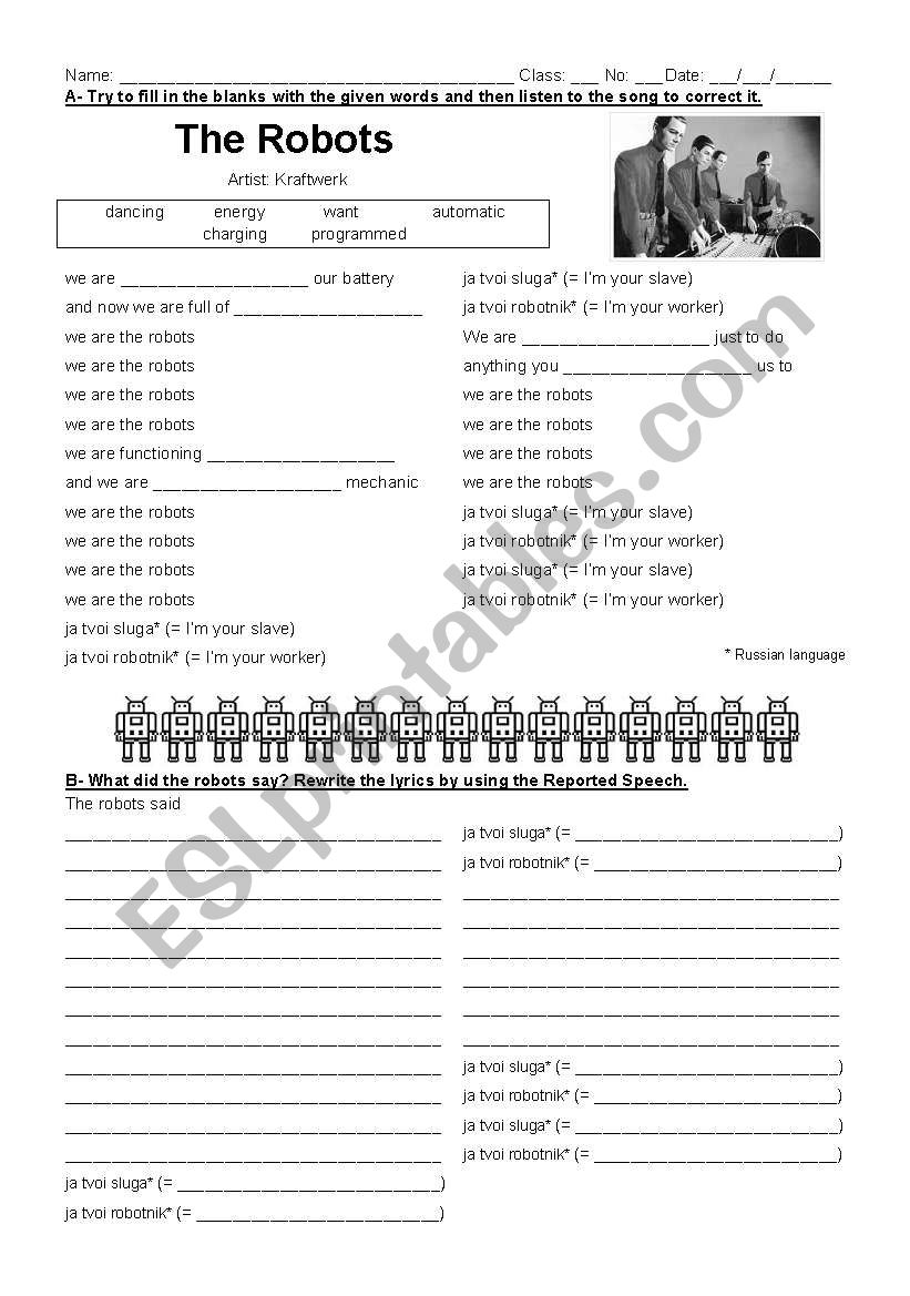 the robots by Kraftwerk worksheet