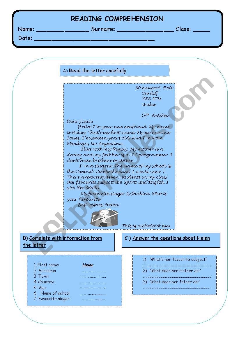 Reading comprehension worksheet