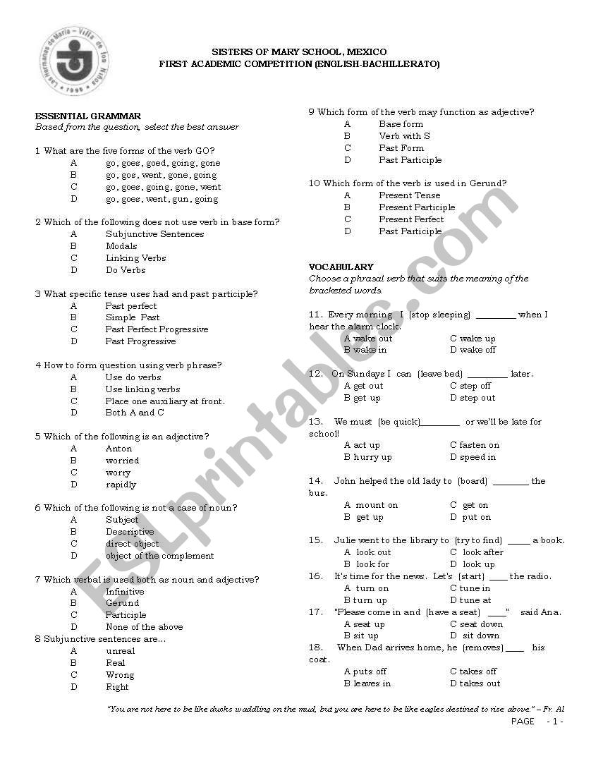 BASIC GRAMMAR, READING COMPREHENSION, PHRASAL VERB