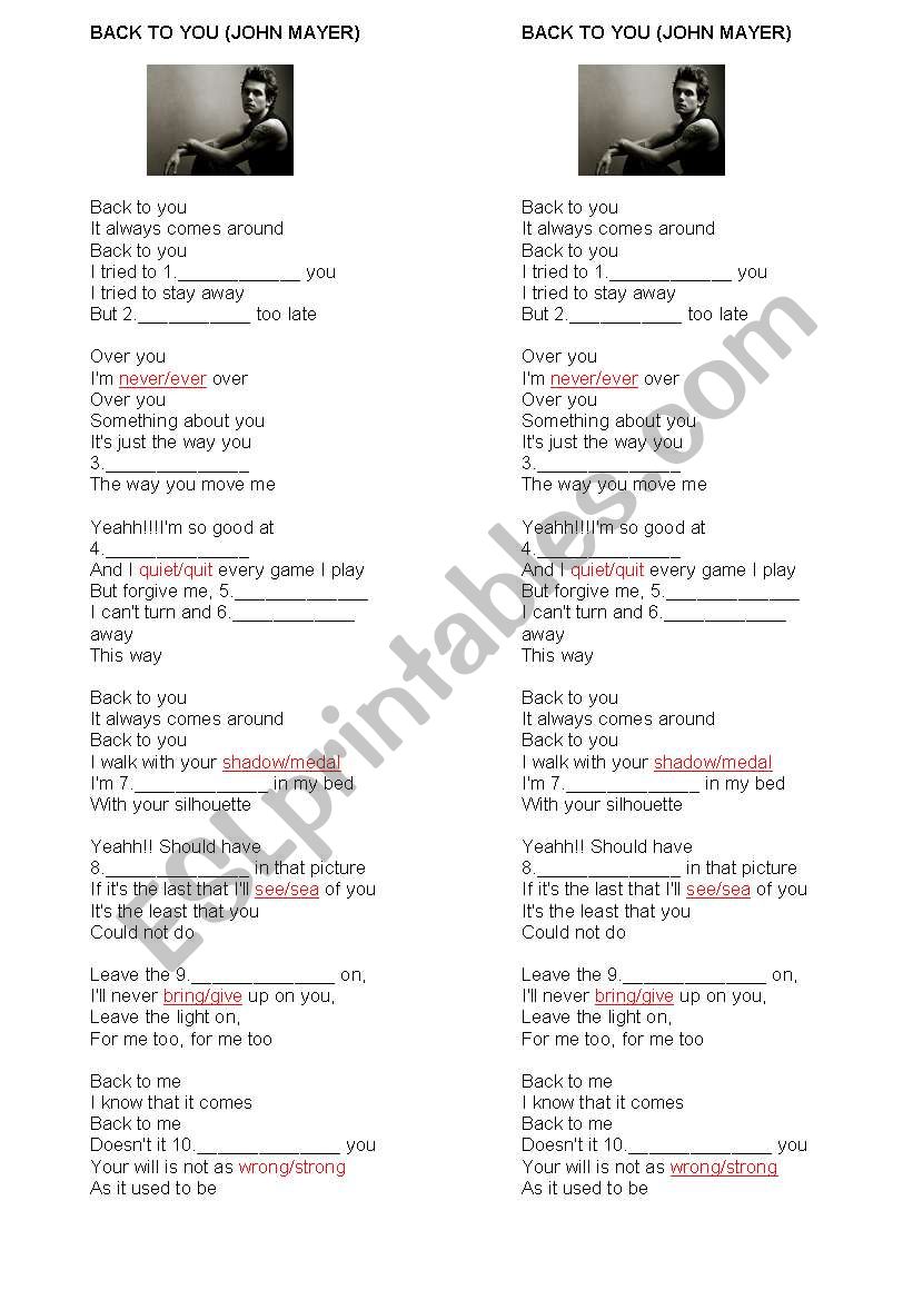 Back to you - John Mayer worksheet