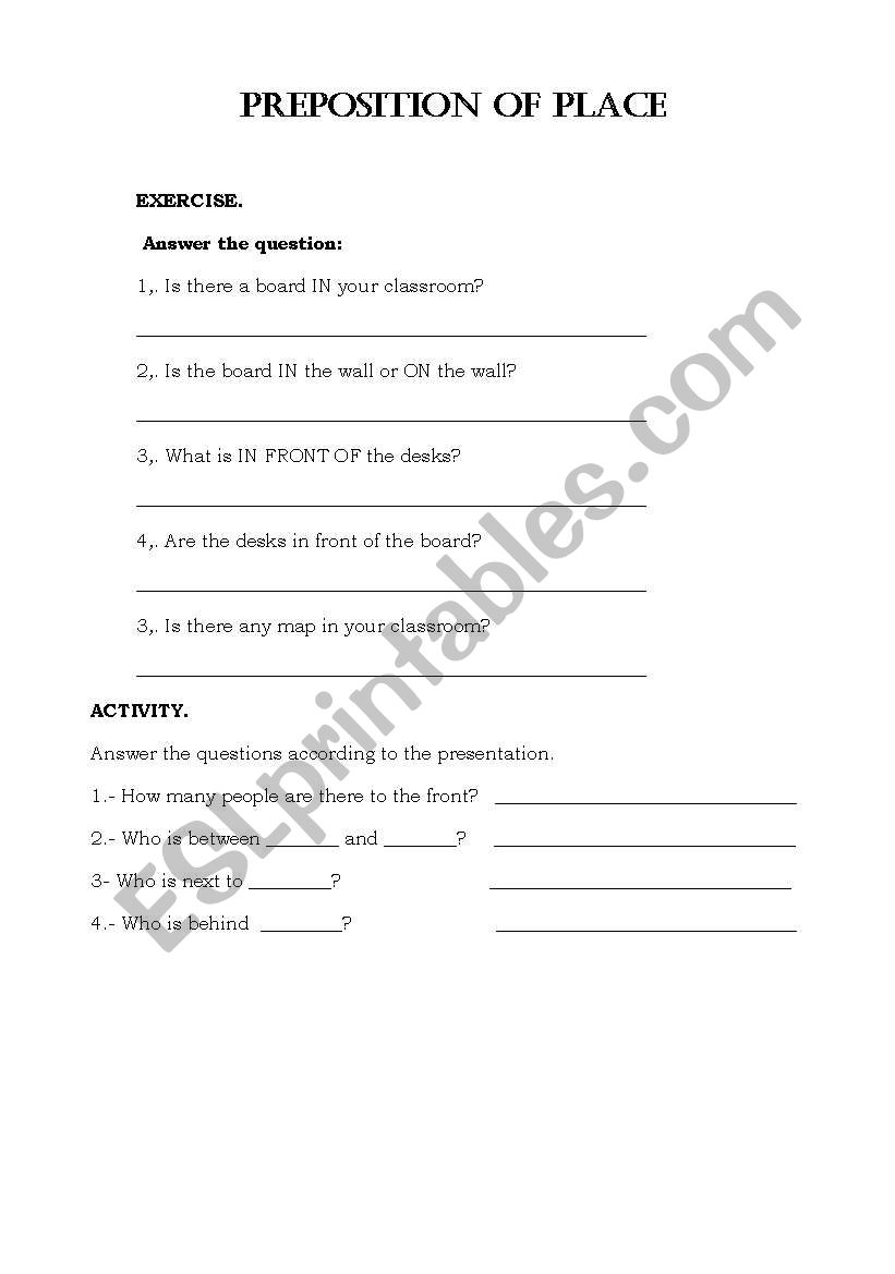 PREPOSITION OF PLACE worksheet