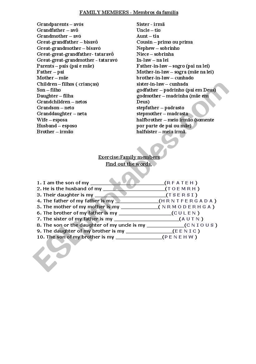 Family Members worksheet