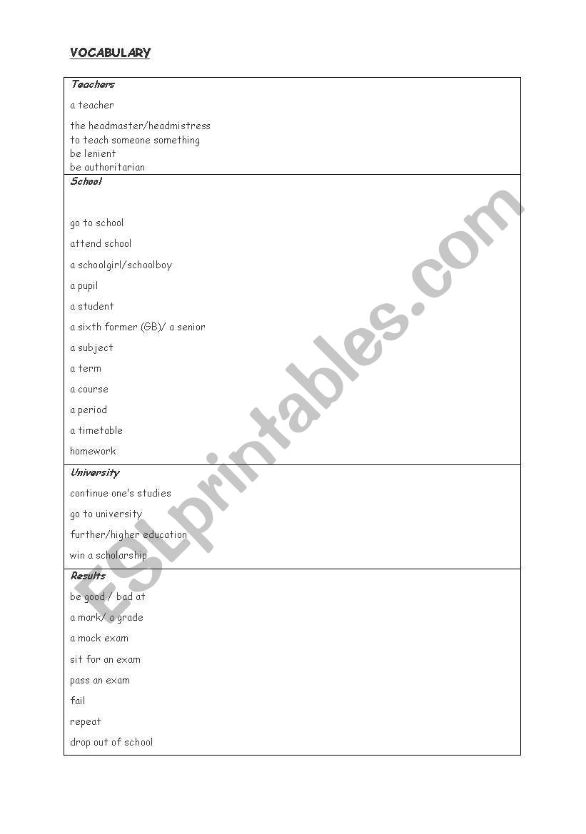 Education vocabulary worksheet