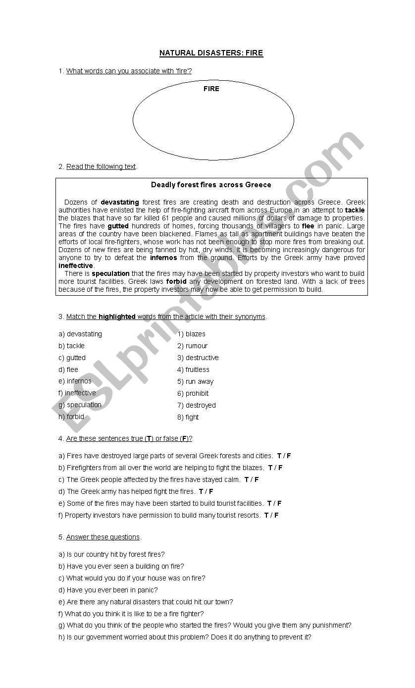 Natural Disasters: Fire worksheet