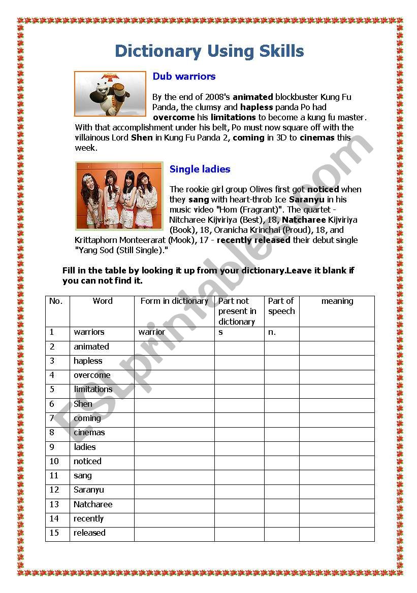 Dictionary Using Skill worksheet