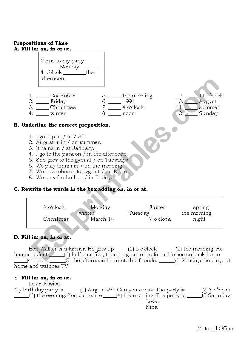 prepositions of time worksheet