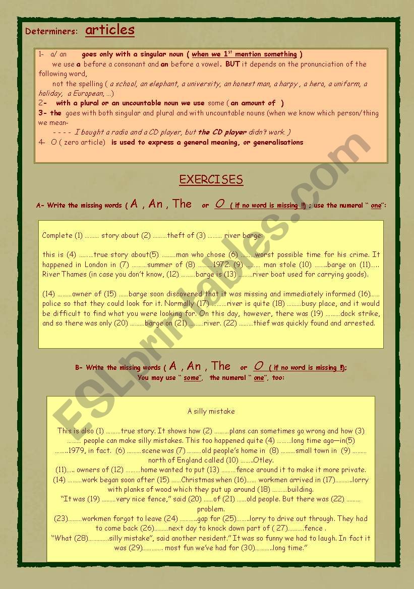 determiners-articles worksheet