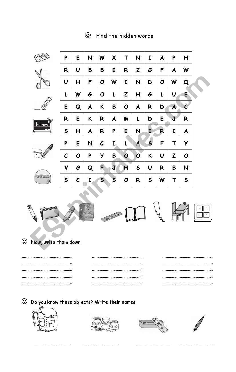 School objects worksheet