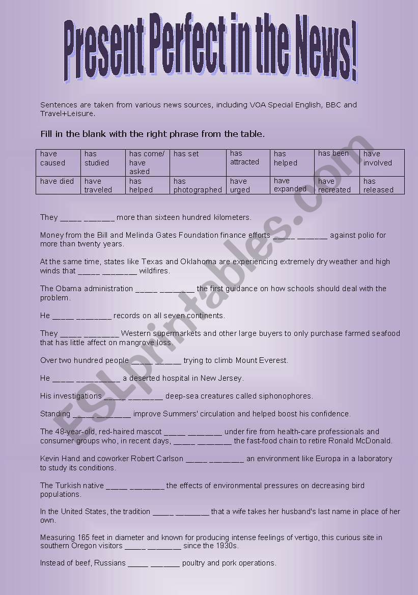 Present Perfect in the News worksheet
