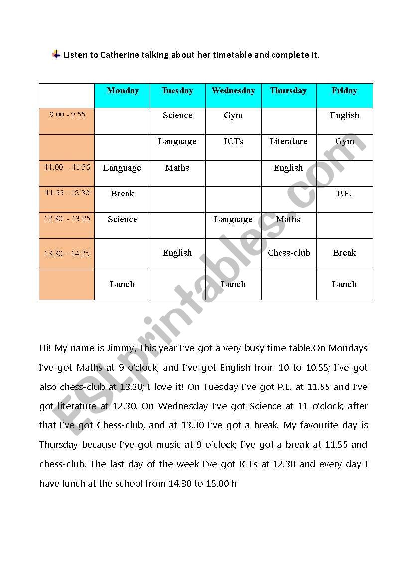 school timetable worksheet