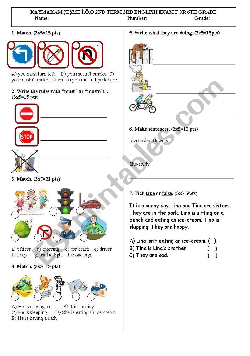 6th grade exam on present continuous and must/mustnt