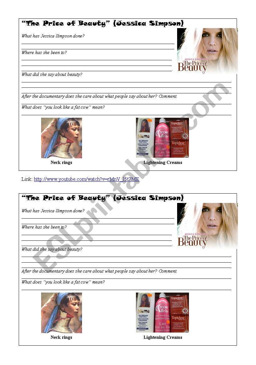 The Price Of Beauty Jessica Simpson Esl Worksheet By Titina29