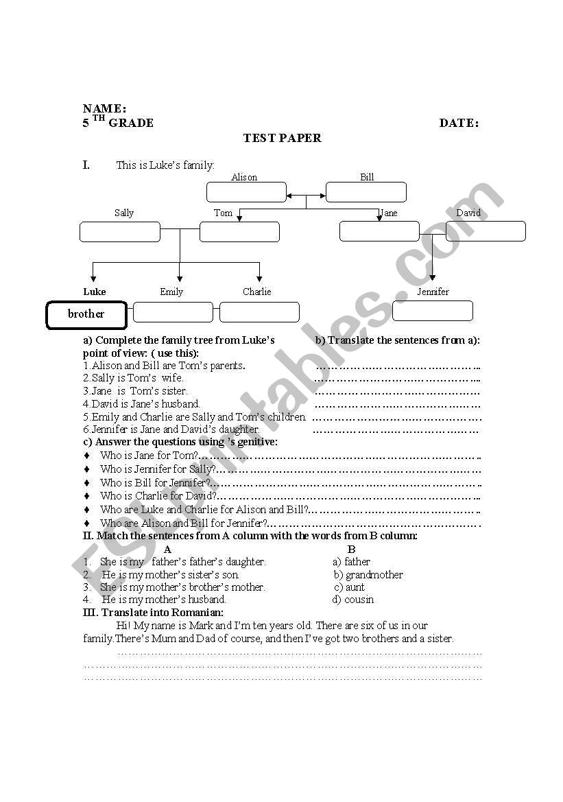 English test paper worksheet