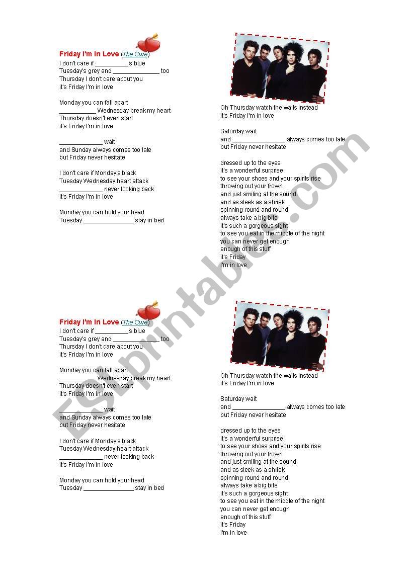 Friday Im in Love - The Cure worksheet