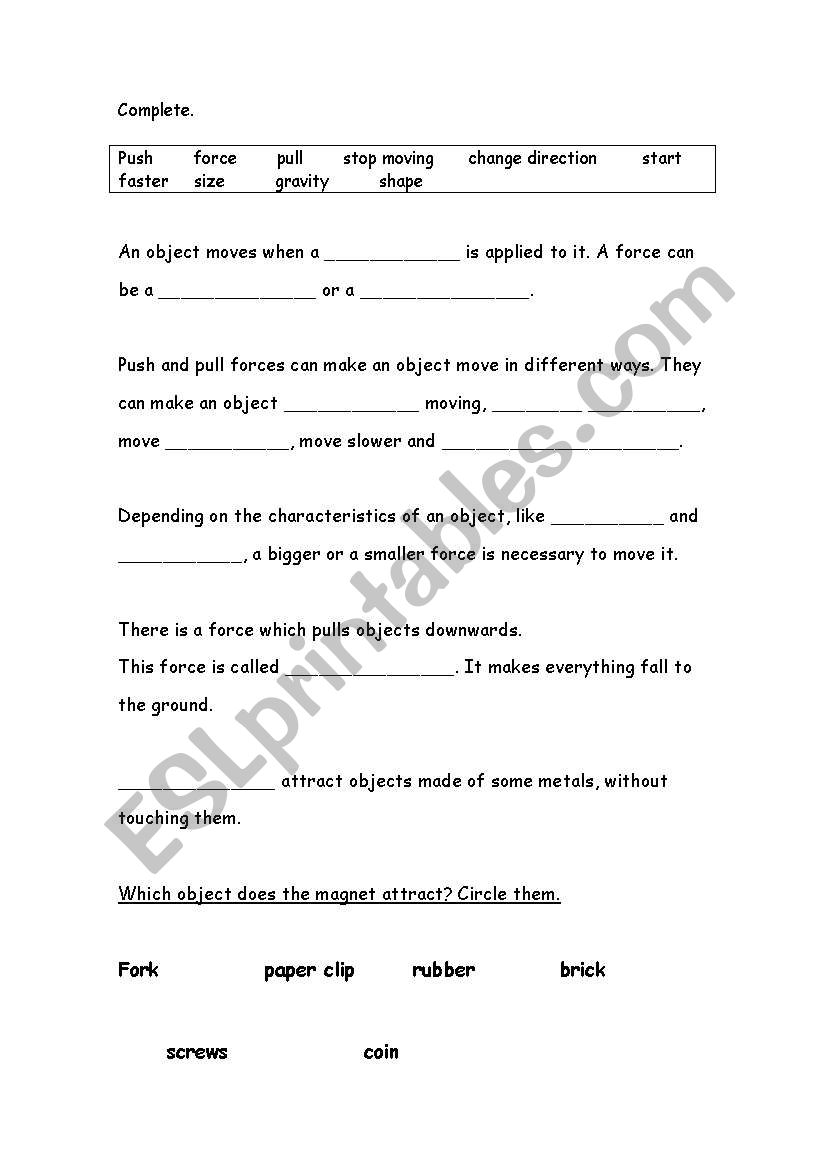 Forces  worksheet