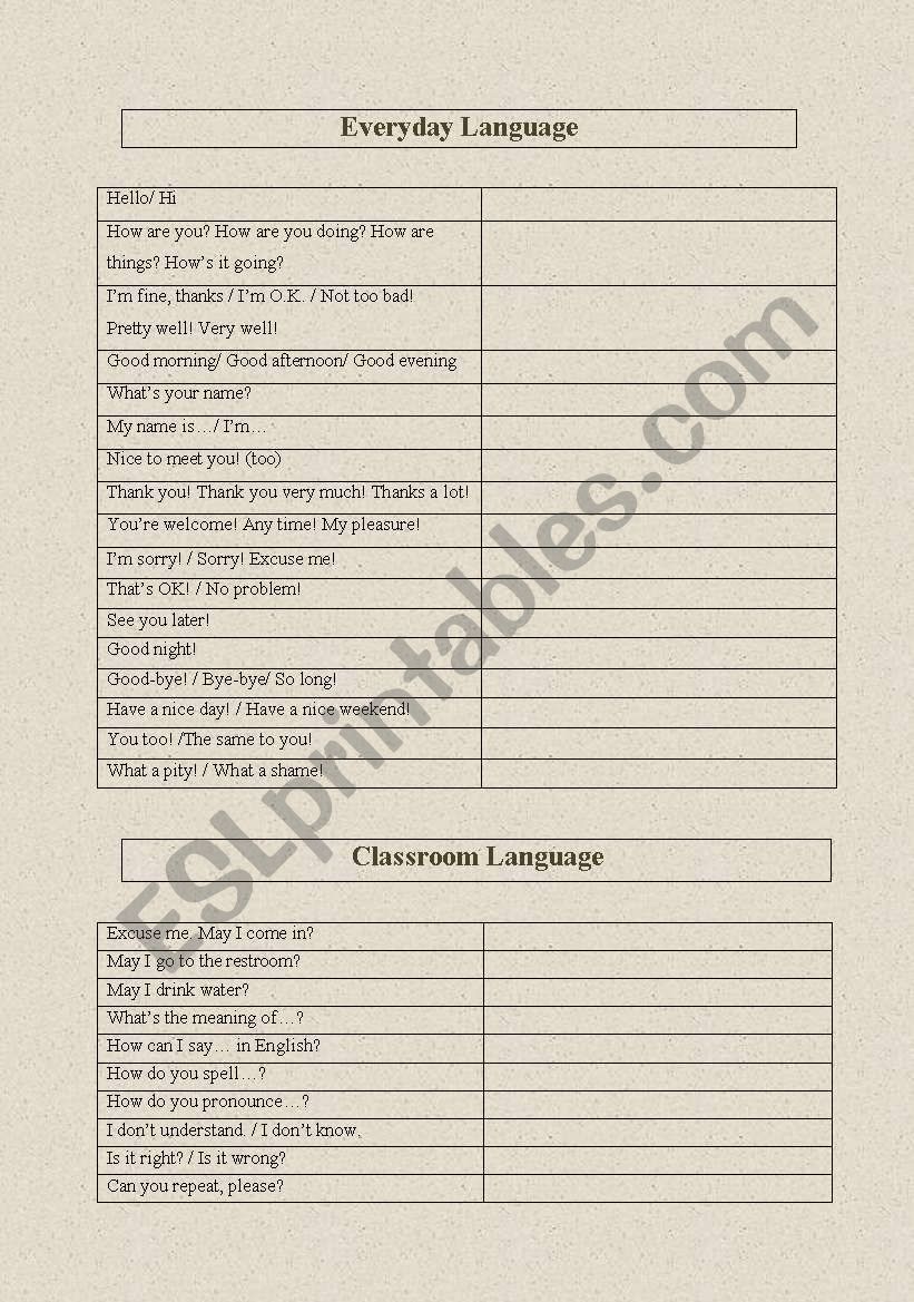 Everyday Language worksheet